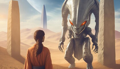 A young woman in a flowing white dress stands in awe, gazing at a towering, metallic alien with sleek, otherworldly features. 