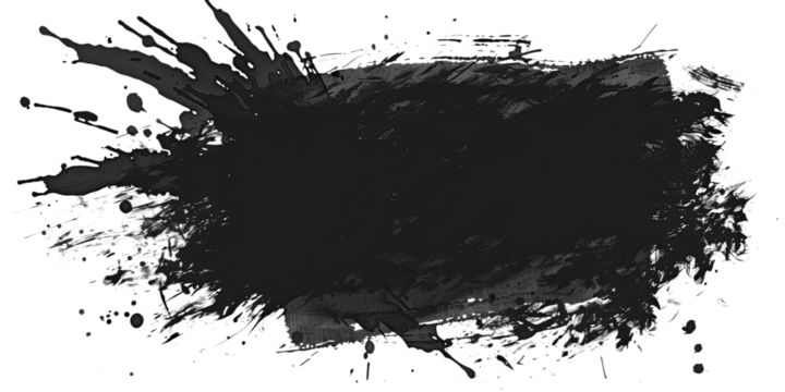 Abstract black ink splash on a transparent background features scattered splatters and strokes. The dynamic composition with bold, irregular ink blots creates a striking visual impact.