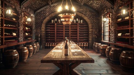 Obraz premium Exquisite Winemaker's Cellar Aged Wines Tasting Table and Sommelier's Selection