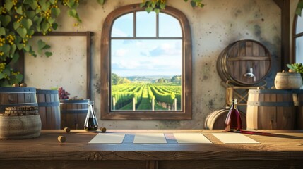 Vineyard Oasis Rustic Winemaker's Tasting Room with Oak Barrels Blank Business Cards and Scenic Vineyard View Perfect for Wine Enthusiasts and Small Business Marketing