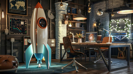 The detailed design incorporates a rocket and a laptop in a modern setting, inspiring viewers to give donations towards educational initiatives