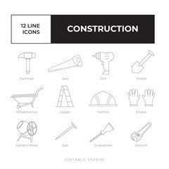 Construction line icon set vector simple, black and white vector icon bundle