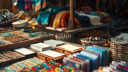 Vibrant Artisan Market Handcrafted Jewelry Textiles and Blank Business Cards for Custom Creations