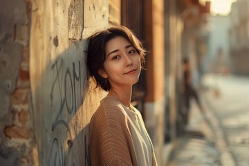 Naklejka premium Modern woman leaning against a wall in the city. Generative AI.