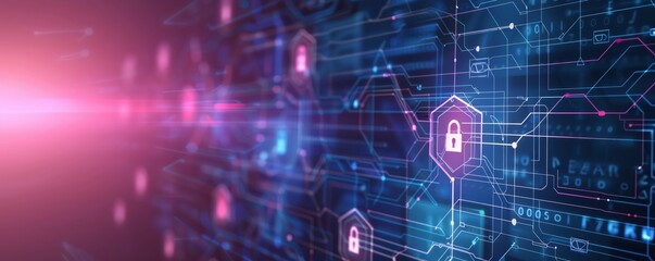 Obraz premium Digital cybersecurity concept with glowing lock icons representing data protection secure against cyber threats in futuristic virtual background.