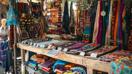 Fototapeta premium Vibrant Artisan Market Handcrafted Jewelry Textiles and Blank Business Cards for Custom Creations