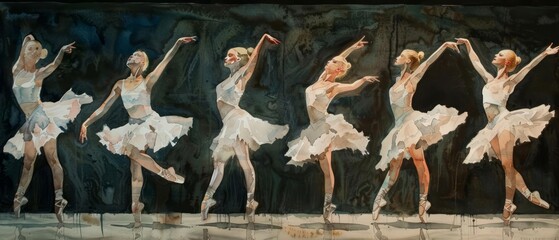 The watercolor set illustrates the progression of various ballet movements, each painting depicting a different stage of the dance