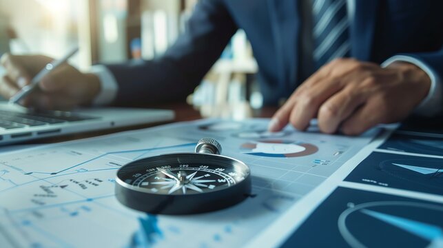 Business-themed image featuring a compass and an explorer to emphasize the significance of vision, mission, and strategic planning in achieving marketing and financial goals.