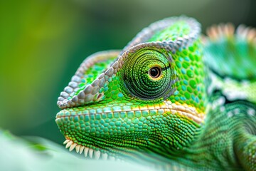 Fototapeta premium Green colored chameleon closeup shot. Ai generative
