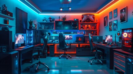 Elite Esports Headquarters HighTech Gaming Hub with Championship Trophies Business Cards and CuttingEdge PCs Professional Gamer Lifestyle