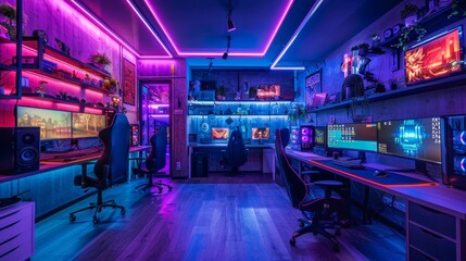 Fototapeta premium Elite Esports Headquarters HighTech Gaming Hub with Championship Trophies Business Cards and CuttingEdge PCs Professional Gamer Lifestyle