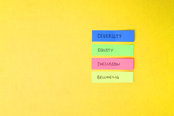 DEIB Concept. Diversity, Equity, Inclusion And Belonging Text On Colorful Note Pads On Yellow...