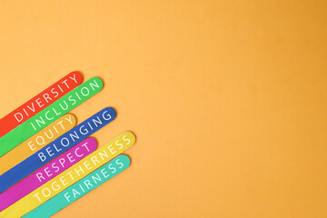 Colorful Wooden Sticks With Text Diversity Inclusion Equity Belonging Respect Togetherness And...