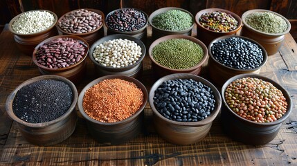 Fototapeta premium All kinds of different types of beans in simple pots on a wooden table: black beans, red beans, white beans, fabes, broad beans