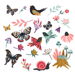 Set of butterflies flowers insects in doodle folk art style © Astraverona