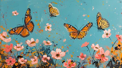 Retro colorful butterflies flying pattern illustration poster background