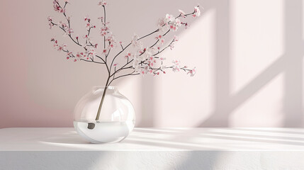 Minimalist Interior with Cherry Blossom Branch in Glass Vase on White Table with Sunlight Shadow on Pink Wall Background - Spring Home Decor Background Concept