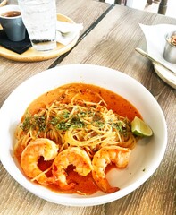 Tom Yum Spaghetti with Shrimp