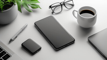 High angle shot of a neatly arranged desk setup featuring a smartphone, smartwatch, laptop, coffee cup, glasses, pen, and a plant. The image highlights a modern, organized workspace perfect for produc
