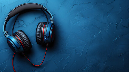 High angle shot of vibrant blue over-ear headphones with black and red accents, placed on a blue textured surface. The image highlights the bold design and high-quality construction, perfect for audio