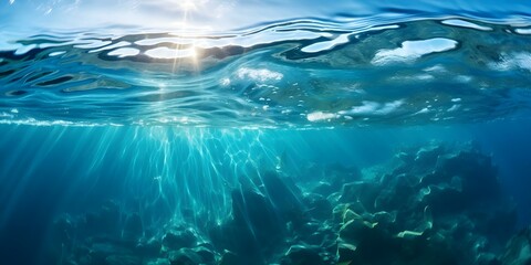 Fototapeta premium Blue water surface with ripples bubbles and sunlight reflections Summer banner background. Concept Summer, Blue Water, Sunlight Reflections, Ripples, Banner Background