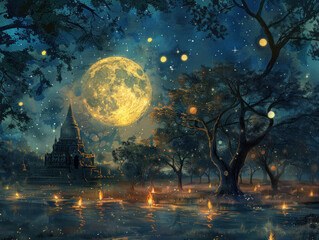 Obraz premium Ancient Temple Under a Magical Moonlit Sky