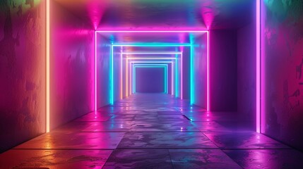 A 3D rendering of a futuristic sci-fi hallway leading to a portal, illuminated with colorful neon lights.