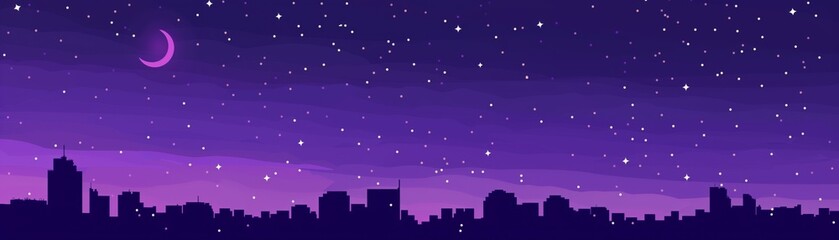 Evening City Skyline with Purple Twilight and Starry Night