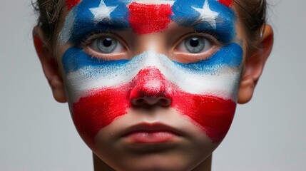 Obraz premium Patriotic Child with American Flag Face Paint Gazing Forward