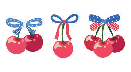 4th of July Cherry Vector Illustration with American Flag Bows and Coquette Elements