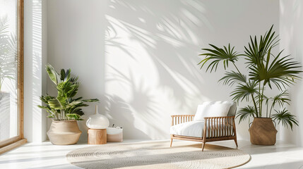 Fototapeta premium Minimalist Interior With Wooden Armchair, Green Plants And Palm Leaf Shadows On Empty White Wall Background. 3d Rendering Illustration In Light Colors For Product Placement And Advertising