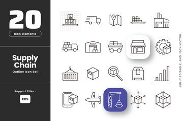 Set of supply chain outline icon set, value chain, logistic, delivery, manufacturing, commerce. Global Procurement, International Sourcing, Operations management, International globalization network.