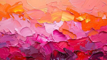 A vibrant, textured oil painting of an abstract sunset, with bold strokes and layers in shades of pink, orange and purple. 