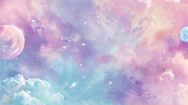 A watercolor depiction of a whimsical, pastel-colored galaxy, with stars and planets in shades of pink, lavender, and mint.