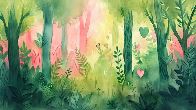 A watercolor illustration of an enchanted forest scene, with trees and foliage in shades of green and pink, and hidden among the leaves are small, heart-shaped details.