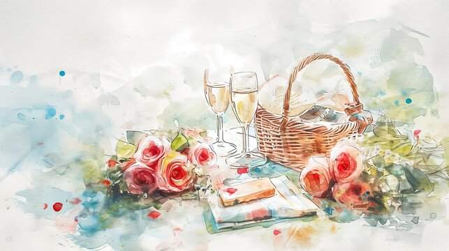 A watercolor flat lay of a romantic picnic, with painted items like a basket, wine glasses and a bouquet of roses. 