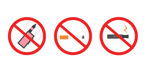 Set of prohibition signs for Vapes, Electronic cigarettes, tobacco. no tobacco day. Healthy lifestyle concept. Smoking kills. Vector illustration, badges, logo, emblems, posters