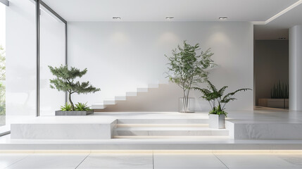 Fototapeta premium Modern Minimalist White Home Interior with Split Level Entryway and Potted Plants