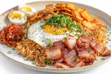 Fototapeta premium Full breakfast plate with bacon, eggs, and vegetables