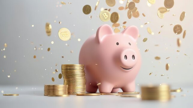 Pink Piggy Bank with Stacked and Falling Coins, Ideal for Financial and Savings Illustrations, Perfect for Money Management and Investment Concepts