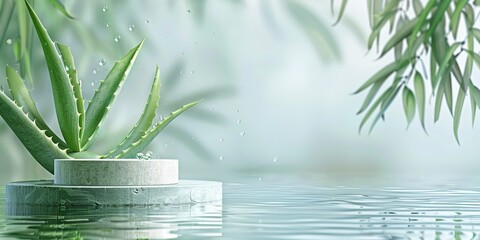 Aloevera background for natural cosmetics. Aloe vera plant and podium in water for design