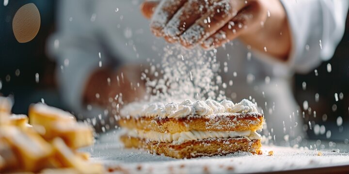 Chef cooking desserts in professional kitchen. Chef cook in a professional kitchen cooking cakes. Close up a cakes sprinkled with icing sugar - Powered by Adobe