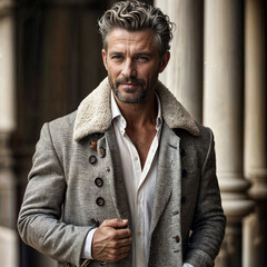A painting of a Silver Lining, Timeless Tailoring, Wisdom's Portrait, Distinguished Grace, Executive Elegance.	