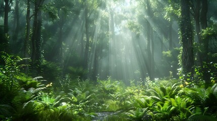 Obraz premium Lush Morning Forest Bathed in Soft Sunlight with Winding Stream and Verdant Foliage