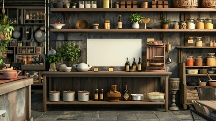 Exquisite Culinary Delights Blank Business Cards Amidst HighEnd Cooking Utensils Spices and Oils in Gourmet Kitchen Store