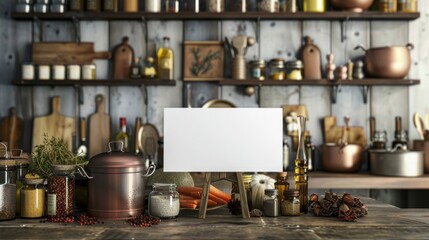 Exquisite Culinary Delights Blank Business Cards Amidst HighEnd Cooking Utensils Spices and Oils in Gourmet Kitchen Store