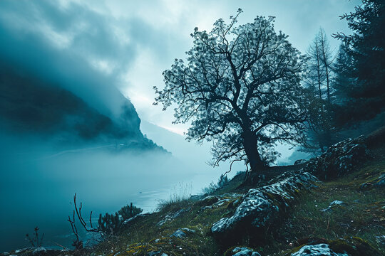 Lonely tree growing on rocky mountainside overlooking foggy lake on gloomy day