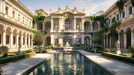 Naklejka premium Majestic Renaissance Palace with Ornate Facades Symmetrical Design and Lush Courtyard Fountain