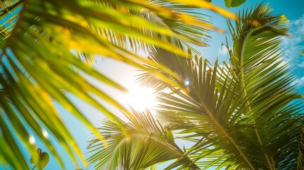 Obraz premium Sunlight illuminates palm leaves against clear blue sky backdrop