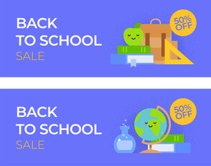 Horizontal Back to school banners. Vector flat illustrations with green apple on top of the books, backpack, globe and flask. Sale templates
